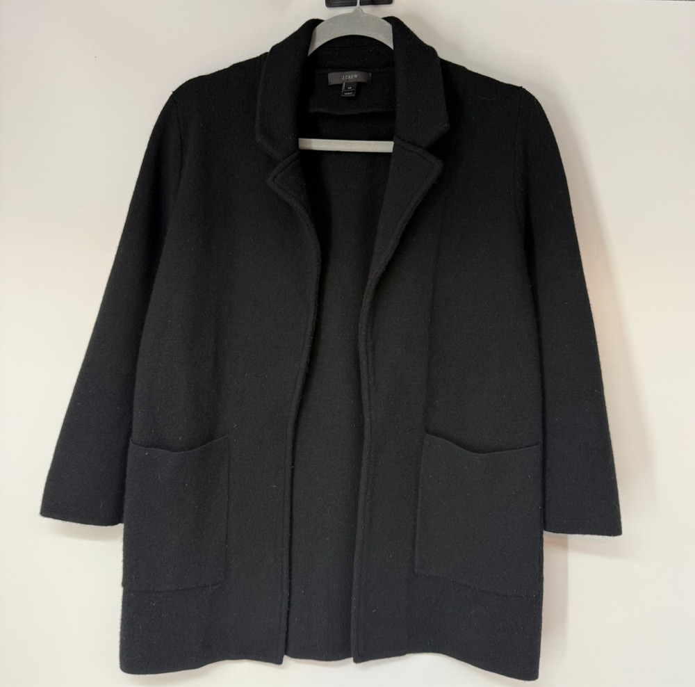 J.Crew Merino Wool Open Front Sweater Blazer Women XS Black Pocket G7746